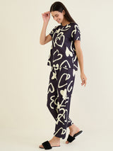 Women's Black Casual Printed Half Sleeves Night Suit