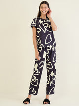 Women's Black Casual Printed Half Sleeves Night Suit