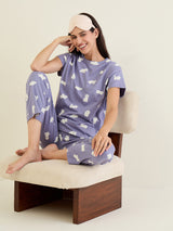 Women's Blue Casual Printed Half Sleeves Night Suit