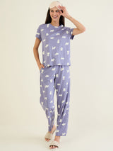 Women's Blue Casual Printed Half Sleeves Night Suit