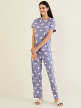 Women's Blue Casual Printed Half Sleeves Night Suit