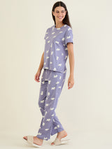 Women's Blue Casual Printed Half Sleeves Night Suit