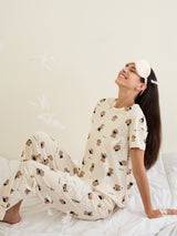 Women's Cream Casual Printed Half Sleeves Night Suit