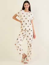 Women's Cream Casual Printed Half Sleeves Night Suit
