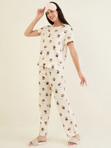 Women's Cream Casual Printed Half Sleeves Night Suit