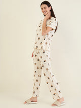 Women's Cream Casual Printed Half Sleeves Night Suit