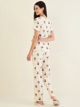 Women's Cream Casual Printed Half Sleeves Night Suit