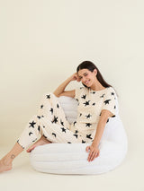 Women's Off White Casual Printed Half Sleeves Night Suit