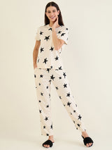 Women's Off White Casual Printed Half Sleeves Night Suit