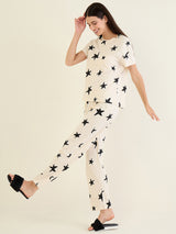 Women's Off White Casual Printed Half Sleeves Night Suit