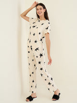 Women's Off White Casual Printed Half Sleeves Night Suit