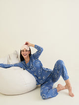 Women's Navy Blue Casual Printed Full Sleeves Night Suit