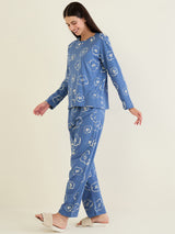 Women's Navy Blue Casual Printed Full Sleeves Night Suit