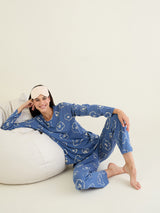 Women's Navy Blue Casual Printed Full Sleeves Night Suit