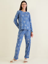Women's Navy Blue Casual Printed Full Sleeves Night Suit