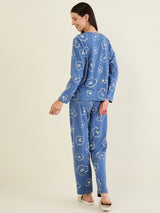 Women's Navy Blue Casual Printed Full Sleeves Night Suit
