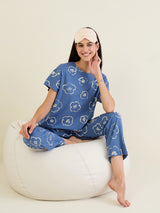 Women's Navy Blue Casual Printed Half Sleeves Night Suit