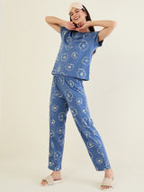 Women's Navy Blue Casual Printed Half Sleeves Night Suit