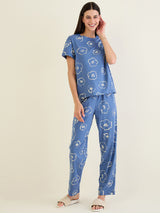 Women's Navy Blue Casual Printed Half Sleeves Night Suit