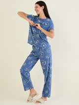 Women's Navy Blue Casual Printed Half Sleeves Night Suit