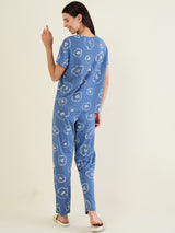Women's Navy Blue Casual Printed Half Sleeves Night Suit