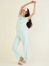 Women's Green Casual Printed Half Sleeves Night Suit