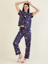 Women's Navy Blue Casual Printed Half Sleeves Night Suit