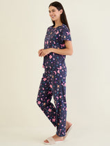 Women's Navy Blue Casual Printed Half Sleeves Night Suit