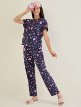 Women's Navy Blue Casual Printed Half Sleeves Night Suit