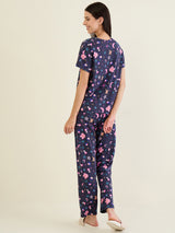 Women's Navy Blue Casual Printed Half Sleeves Night Suit