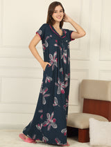 Women's Green Casual Printed Half Sleeves Night Dress