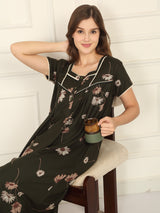 Women's Green Casual Printed Half Sleeves Night Dress