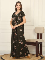 Women's Green Casual Printed Half Sleeves Night Dress