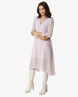 Women's Ommet Purple V Neck Criss Cross Tie Up Neckline Full Sleeve Smocked Waist Panel Asymmetric Knee Length Dress