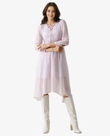 Women's Ommet Purple V Neck Criss Cross Tie Up Neckline Full Sleeve Smocked Waist Panel Asymmetric Knee Length Dress