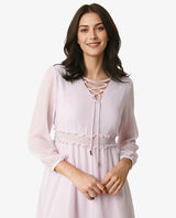 Women's Ommet Purple V Neck Criss Cross Tie Up Neckline Full Sleeve Smocked Waist Panel Asymmetric Knee Length Dress