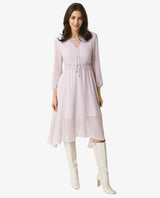 Women's Ommet Purple V Neck Criss Cross Tie Up Neckline Full Sleeve Smocked Waist Panel Asymmetric Knee Length Dress
