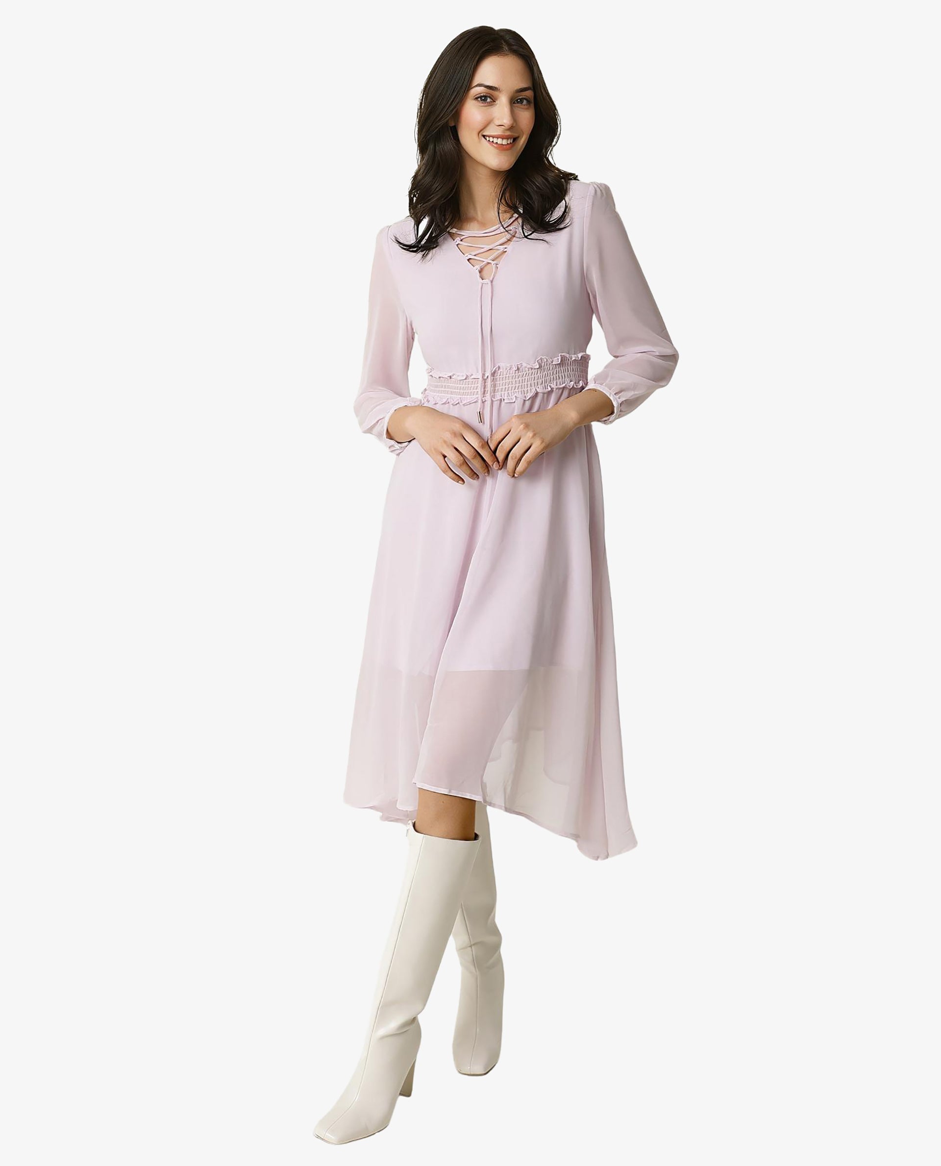 Women's Ommet Purple V Neck Criss Cross Tie Up Neckline Full Sleeve Smocked Waist Panel Asymmetric Knee Length Dress