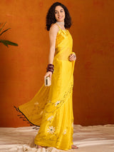 Women's Chiffon Yellow Printed Designer Saree with Blouse Piece