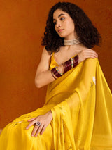 Women's Chiffon Yellow Printed Designer Saree with Blouse Piece