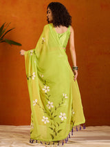 Women's Chiffon Green Printed Designer Saree with Blouse Piece
