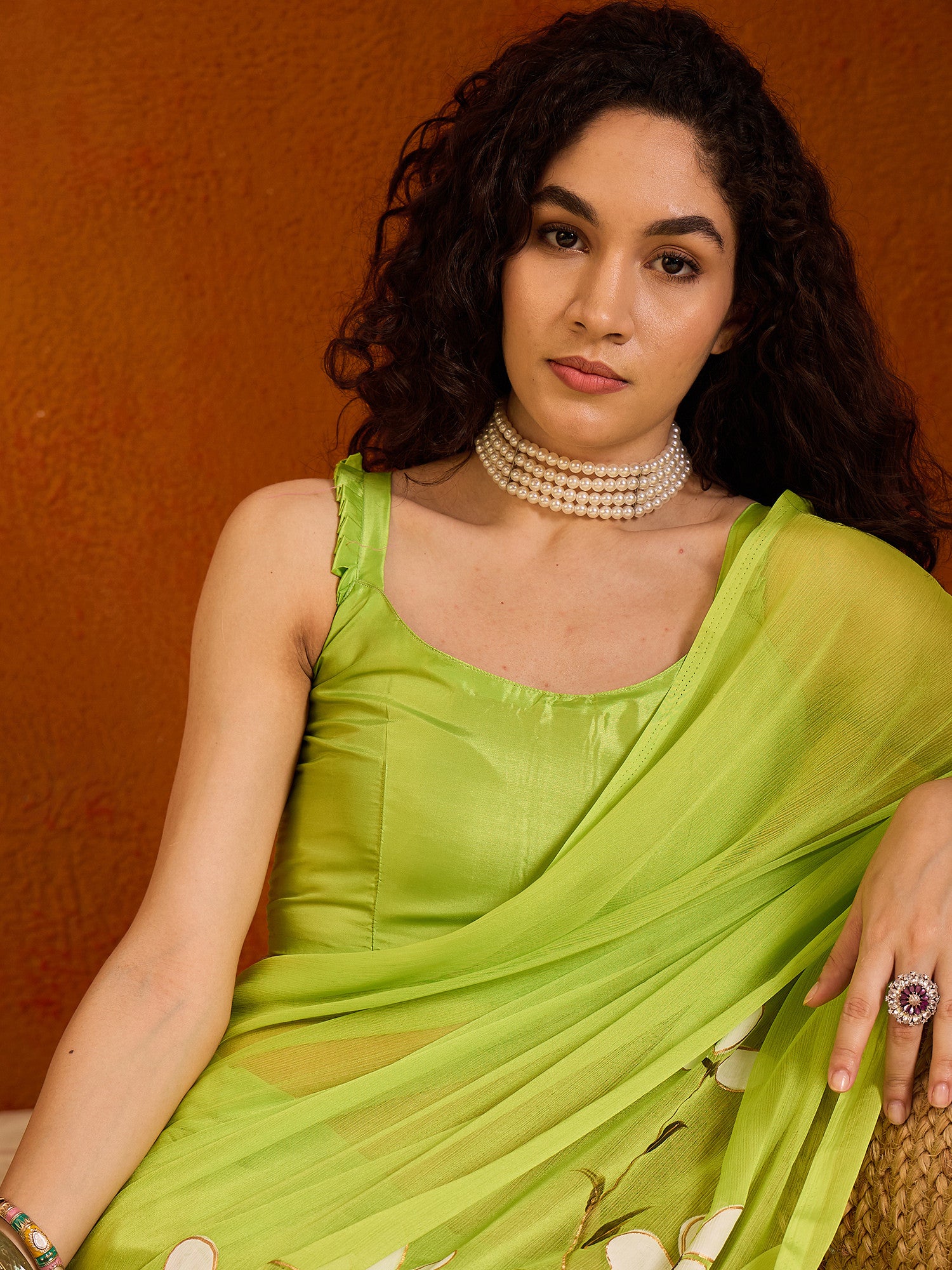 Women's Chiffon Green Printed Designer Saree with Blouse Piece