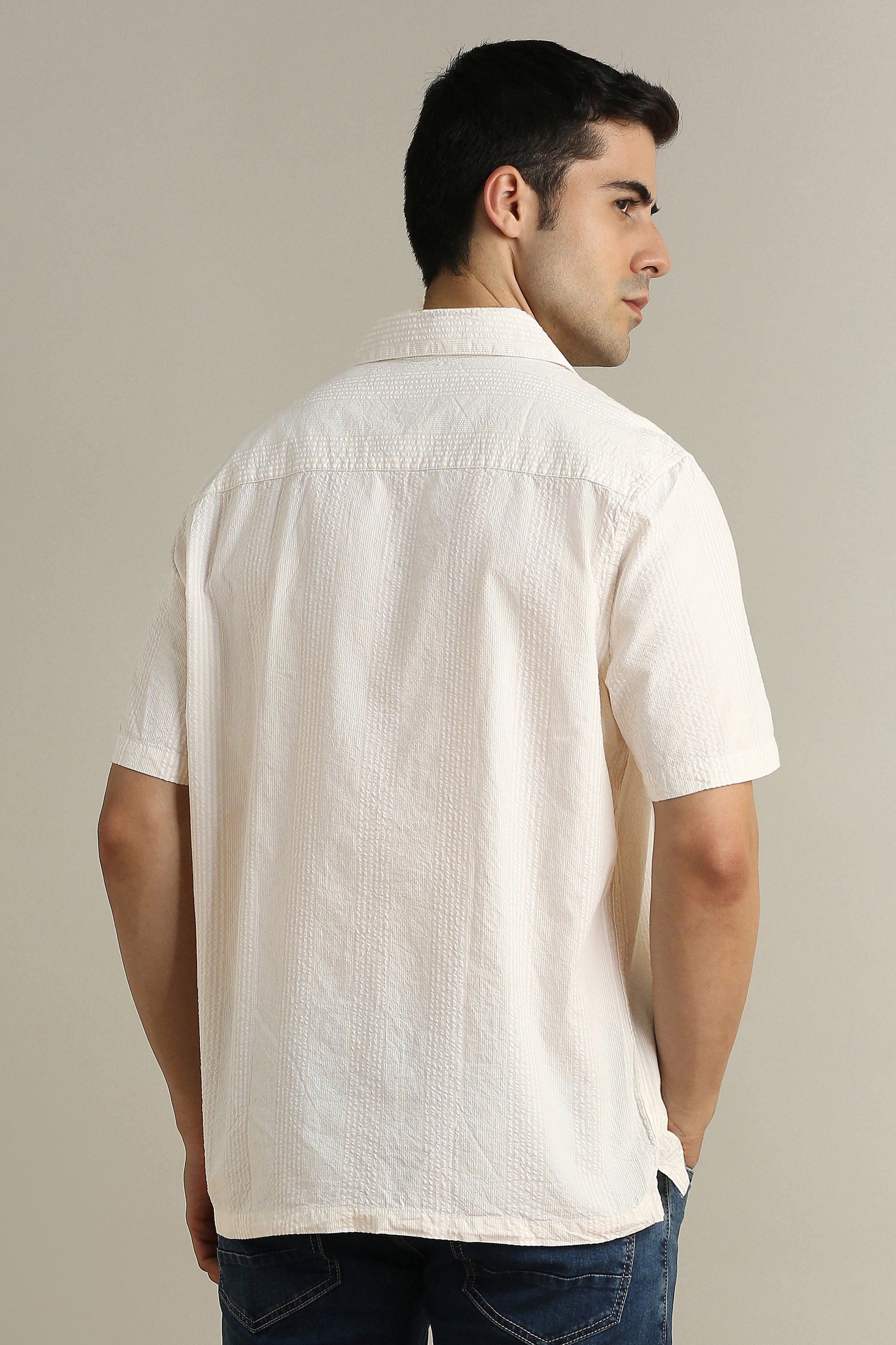 Men's Cream Casual Half Sleeves Shirt