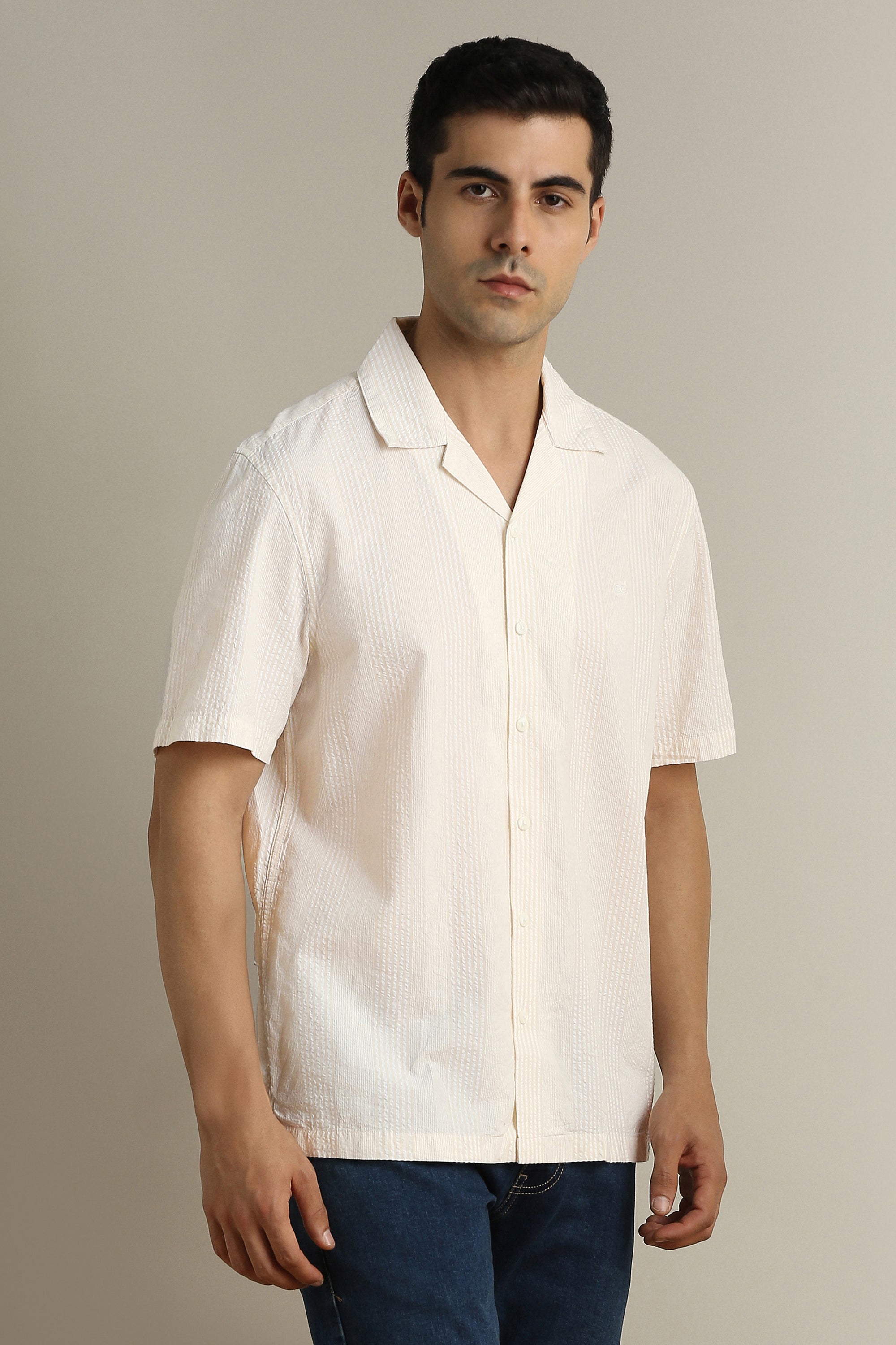 Men's Cream Casual Half Sleeves Shirt