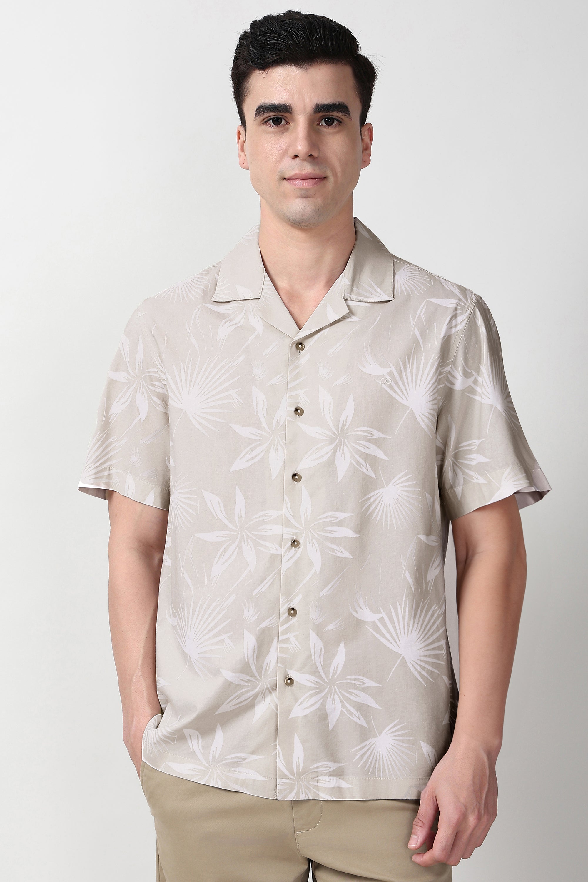 Men's Beige Casual Half Sleeves Shirt