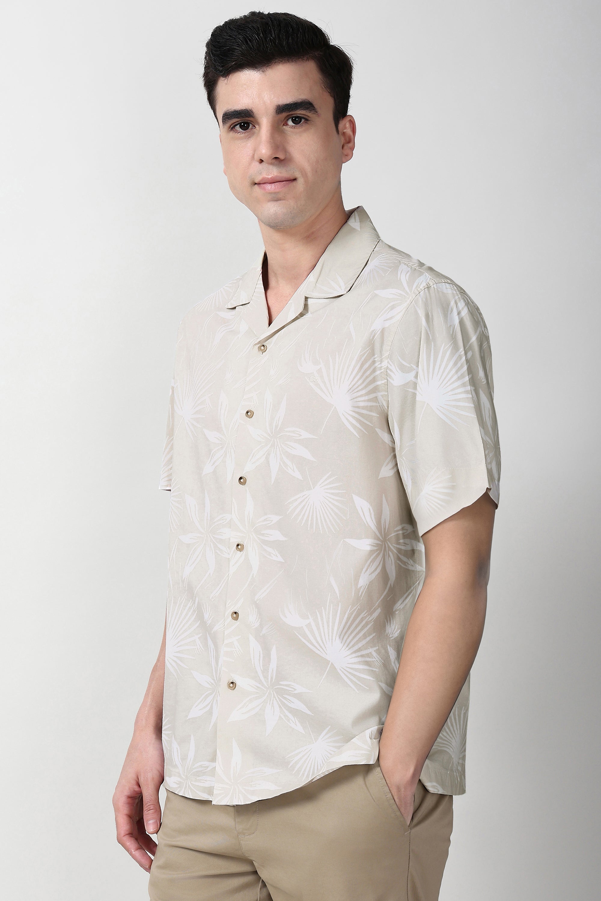 Men's Beige Casual Half Sleeves Shirt
