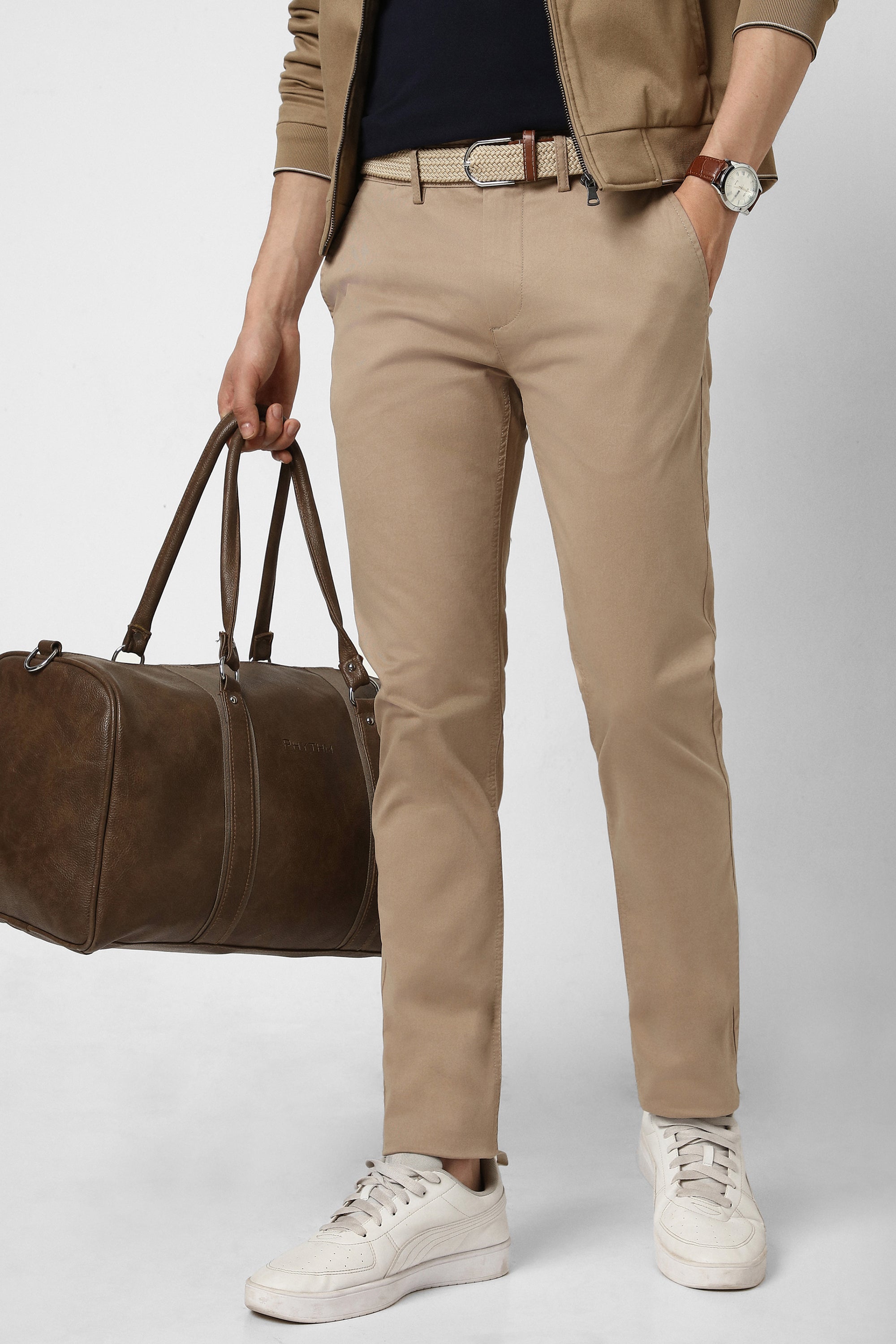 Men's Beige Casual Regular Fit Trouser