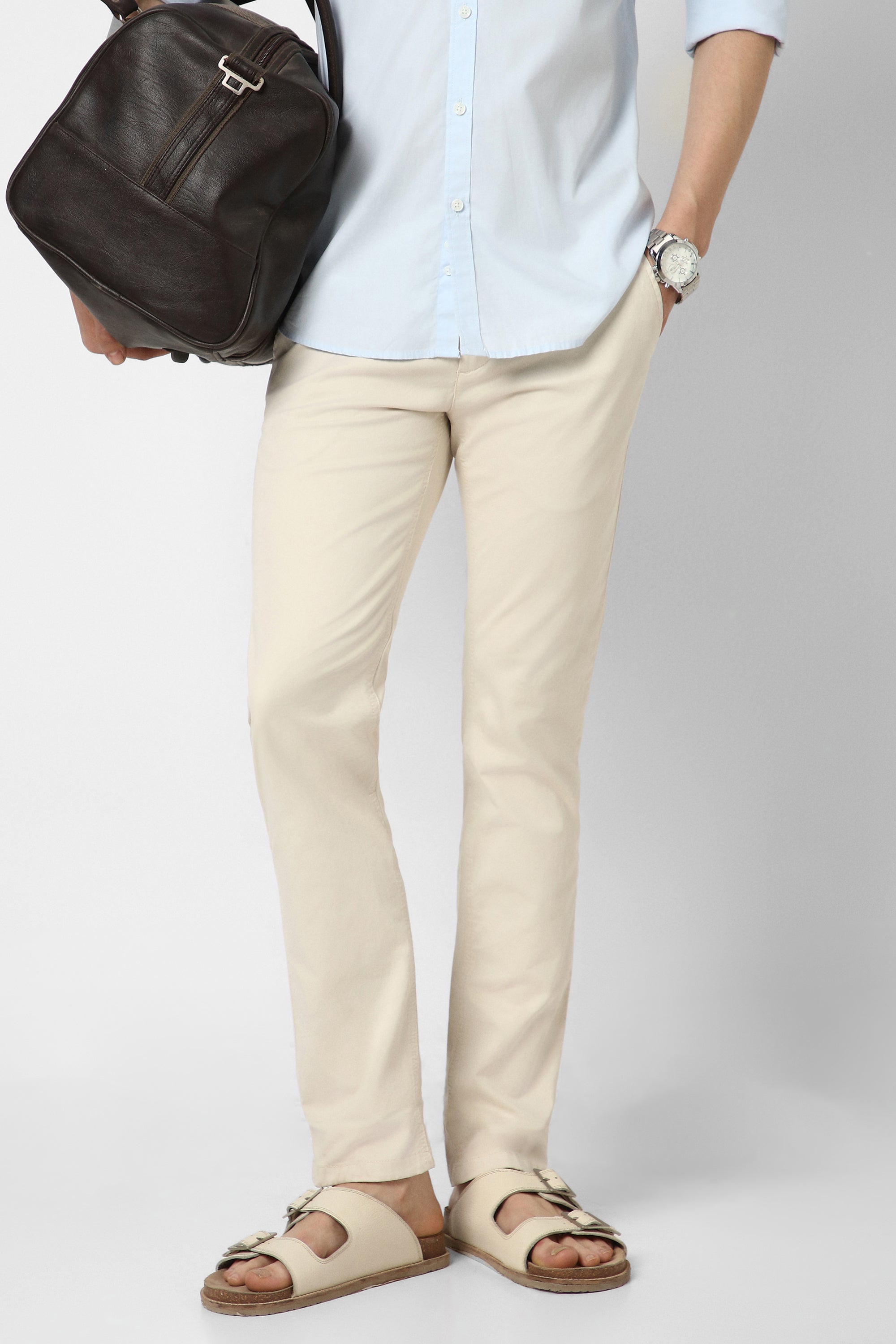 Men's Cream Casual Regular Fit Trouser