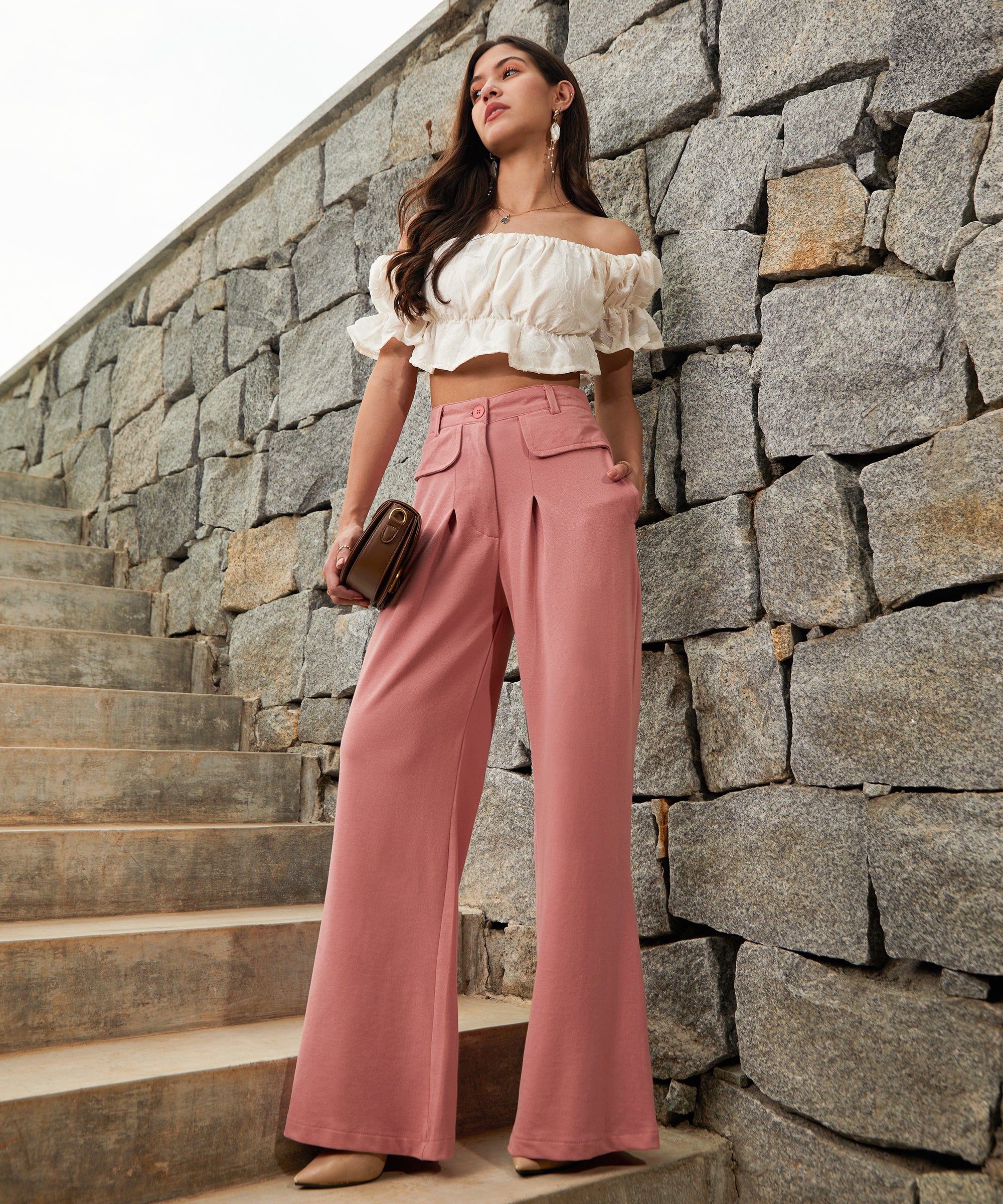 Women's Salmon Pink Pleated Tailored Trousers