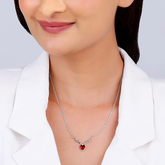 Women's Silver Deer Heart in Red Pendant Chain
